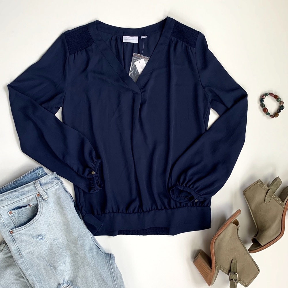 New York & Company Career Blouse V Neck Navy NWT S